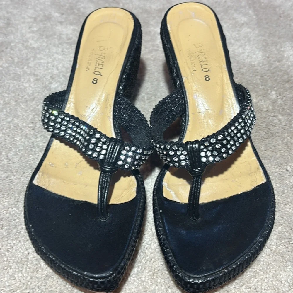 Paloma Barcelo wicker thong wedge sandals black rhinestone designer sandal 8